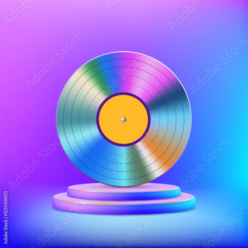 Retro vinyl music disc in disco style. On a neon background. Vector illustration.