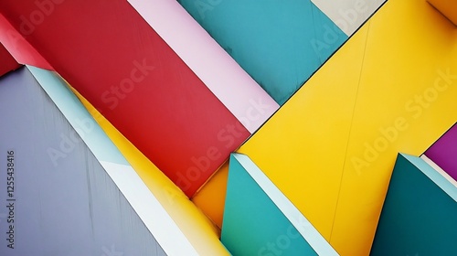 A vibrant and dynamic composition featuring geometric shapes in a spectrum of bright colors