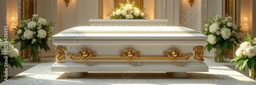 Elegant white casket with ornate gold details sits at altar, white flowers, mourning, sacred space