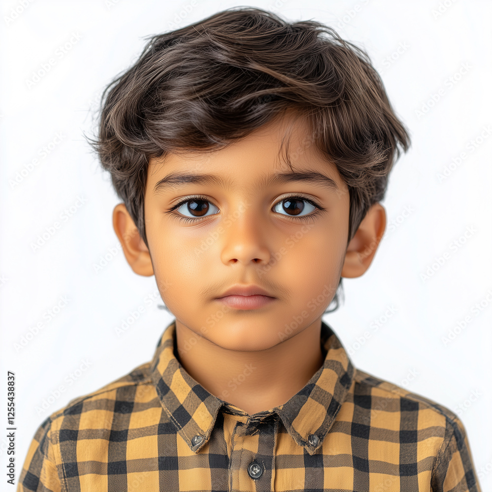 Serious Middle Eastern boy wearing a checkered shirt poses against a white background in a studio setting Serious Middle Eastern boy wearing a checkered shirt poses against a white background in a studio setting