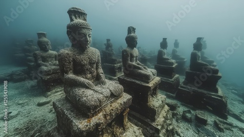 An ancient temple recreated in an underwater museum, with statues and pillars covered by marine life photo