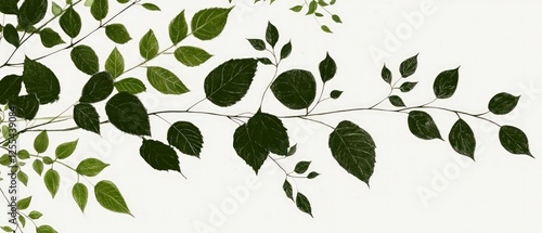 Dark Green Leaves on Branch, White Background Botanical Illustration