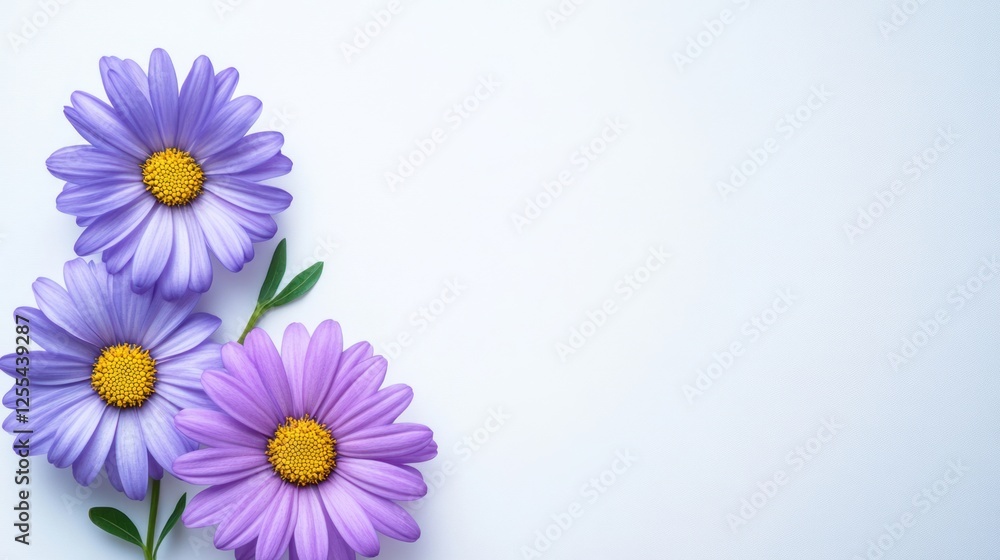Photo of Asteraceae on a white background, in blue and purple colors, top view, flat lay, with a banner and copy space area Photo of Asteraceae on a white background, in blue and purple colors, top view, flat lay, with a banner and copy space area