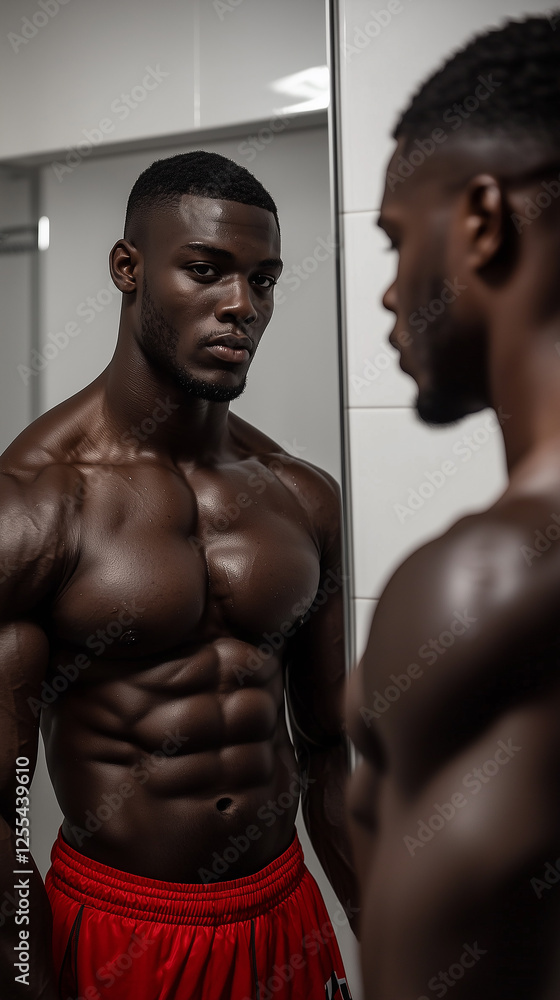 Fototapeta premium Black bodybuilder reflecting on fitness progress in bathroom mirror