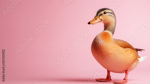 This vibrant mallard duck showcases its unique coloring while standing against a sleek pink background, making it a captivating subject for nature photography. photo