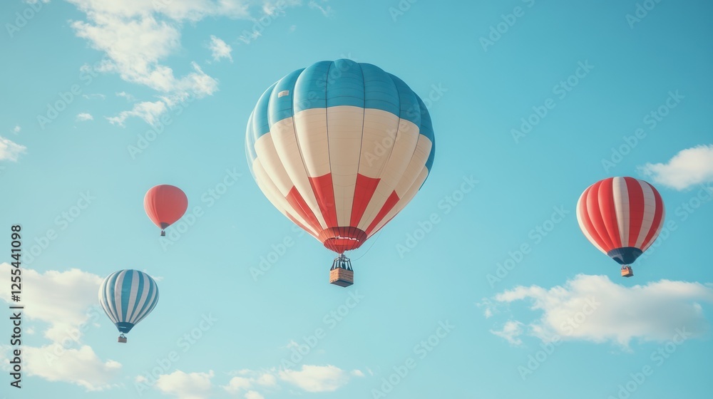 Fototapeta premium red , blue, white color hot air balloons flying in a clear blue sky. Vintage style, wide-angle, copy space concept.