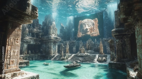 A diver floating near an underwater museum's delicate stone carvings, all covered in marine life photo