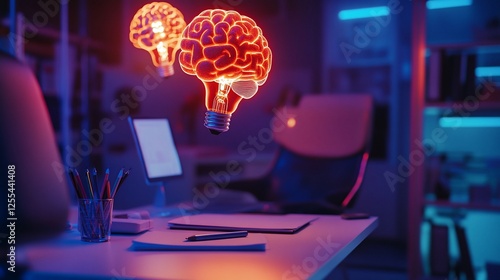 Creative Brainstorming Session with Brain-Shaped Light Bulbs Illuminating a Modern Desk