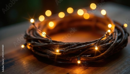 Wallpaper Mural Glittering fairy lights wrapped around a wooden wreath, earthy tones, Glittering lights, cozy atmosphere Torontodigital.ca