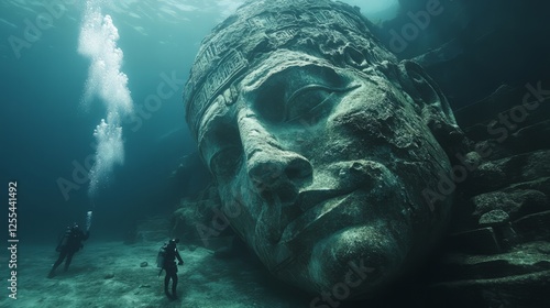 A diver floating near an underwater museum's delicate stone carvings, all covered in marine life photo