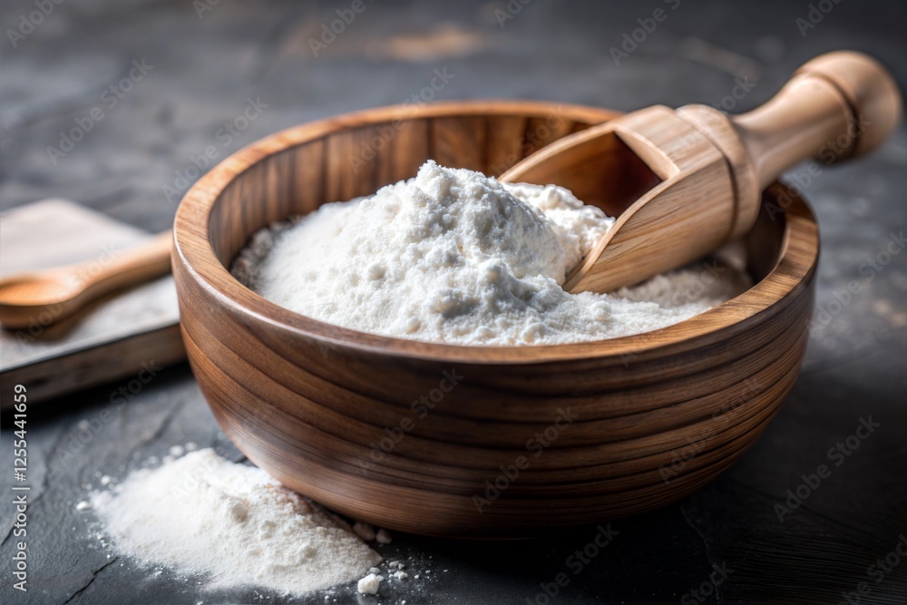 Organic Flour in Wooden Bowl with Scoop – Rustic Baking Ingredients on Dark Background Organic Flour in Wooden Bowl with Scoop – Rustic Baking Ingredients on Dark Background