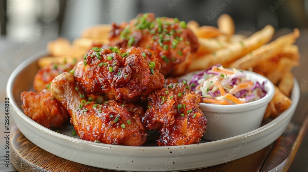 A crispy fried chicken bucket with golden brown pieces, served with coleslaw and fries A crispy fried chicken bucket with golden brown pieces, served with coleslaw and fries