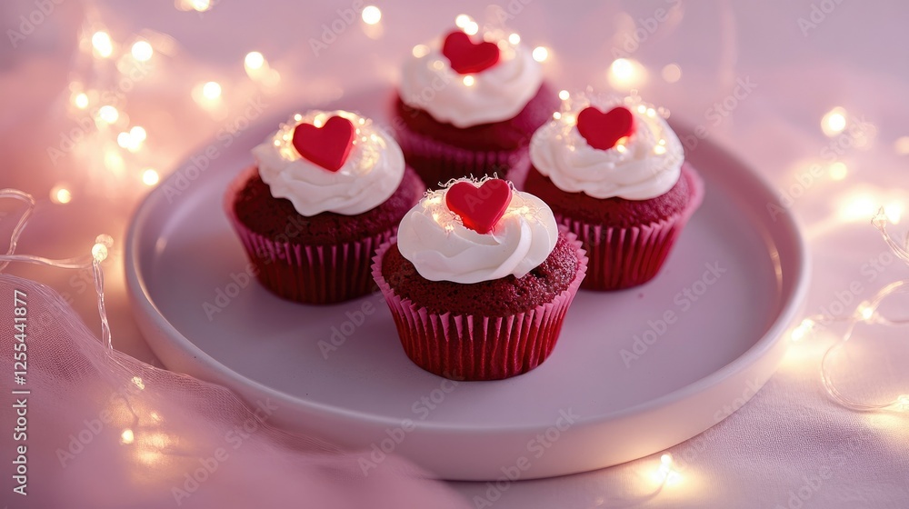 Romantic Valentine's Day setup with red velvet cupcakes topped with heart decorations, arranged on a pastel plate with soft, glowing fairy lights. Romantic Valentine's Day setup with red velvet cupcakes topped with heart decorations, arranged on a pastel plate with soft, glowing fairy lights.