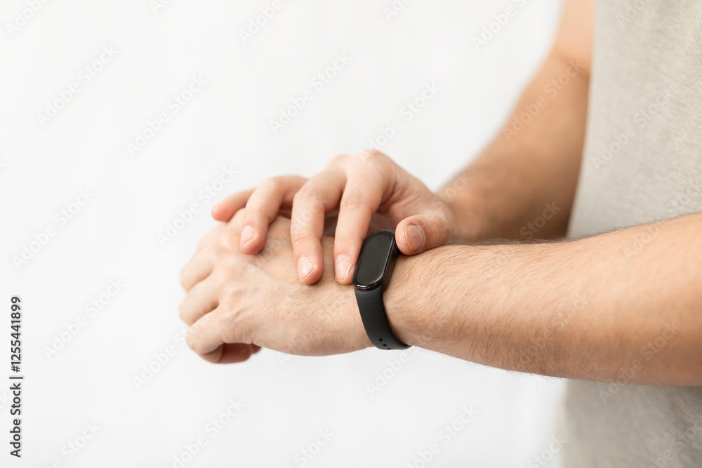 Close-up shot of man with smart band isolated on white background Close-up shot of man with smart band isolated on white background