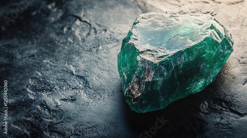 A Stunning Emerald Gemstone on Dark Background: Raw Emerald Crystal with Exceptional Green Hue photo