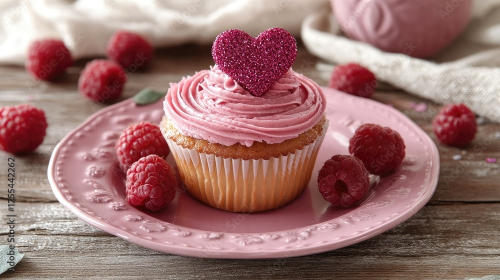 Romantic Valentine's still life with a cupcake on a pink plate, glittery heart topping, fresh raspberries, and a soft white napkin in the background. Romantic Valentine's still life with a cupcake on a pink plate, glittery heart topping, fresh raspberries, and a soft white napkin in the background.