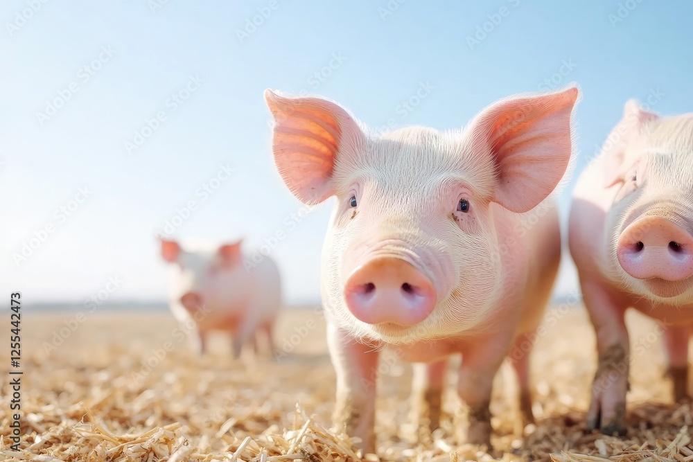 Happy pigs roaming freely in a sunny field with straw and blue sky Happy pigs roaming freely in a sunny field with straw and blue sky