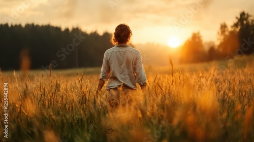 A person stands alone in a golden wheat field during sunset, capturing the tranquil beauty of nature and the warmth of the sun's rays illuminating the landscape.