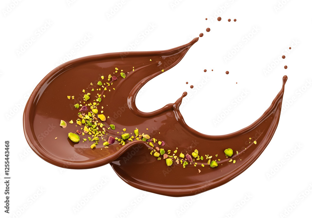 Dark chocolate splashing with pieces of pistachios scattered around, creating a dynamic and rich texture. The background is plain and white, emphasizing the chocolate and nuts. Isolated background