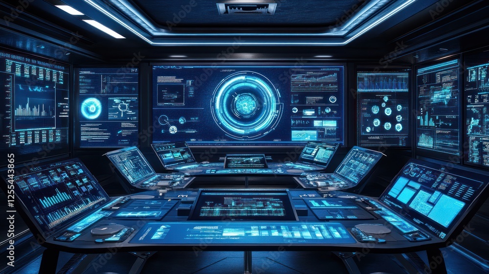 Obraz premium Futuristic control room monitors data, dark background