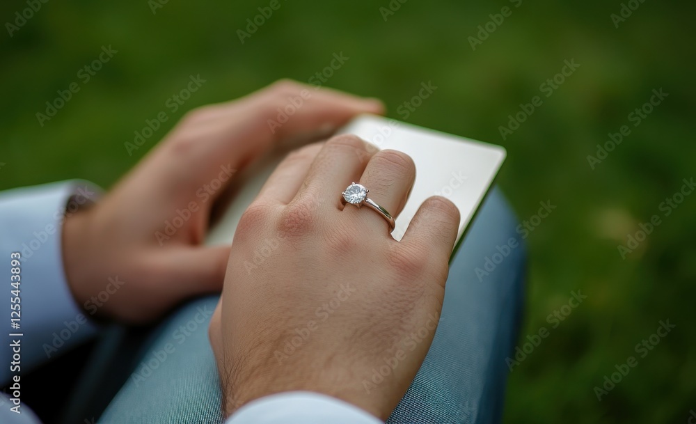 Fototapeta premium Engagement Ring Close Up: A close-up shot focuses on a man's hands holding a small notebook, showcasing a sparkling diamond engagement ring on his left ring finger.