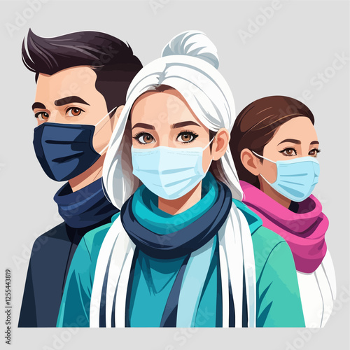 People wearing medical masks,3D vector illustration.	
