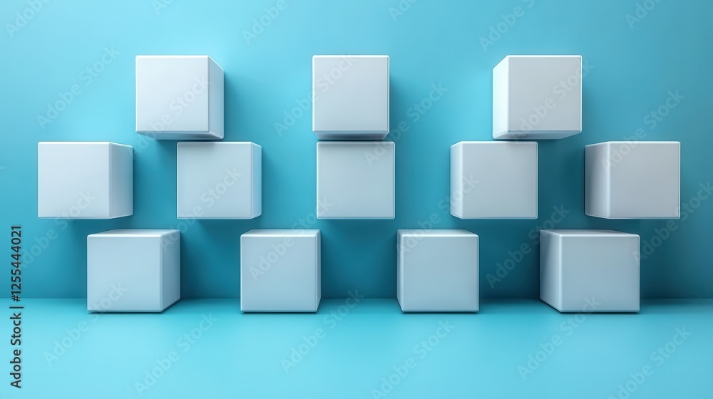 White cubes arranged on blue wall; minimalist design White cubes arranged on blue wall; minimalist design