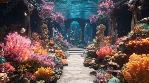 An underwater museum courtyard with sculptures surrounded by vibrant coral gardens photo