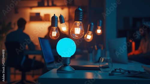 A creative office desk illuminated by floating light bulbs with a unique blue bulb stand