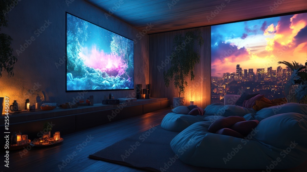 Cozy home theater with city view, watching movie Cozy home theater with city view, watching movie