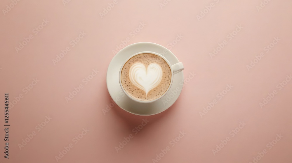 Top-down view of a cappuccino with artistic heart latte art, surrounded by a clean, minimal setup for copy space Top-down view of a cappuccino with artistic heart latte art, surrounded by a clean, minimal setup for copy space