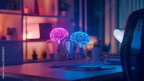 Illuminated brain light bulbs on a desk, representing innovative ideas and creativity
