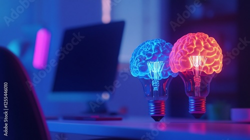 Illuminated Brain Lightbulbs on Desk Representing Innovative Ideas and Collaboration