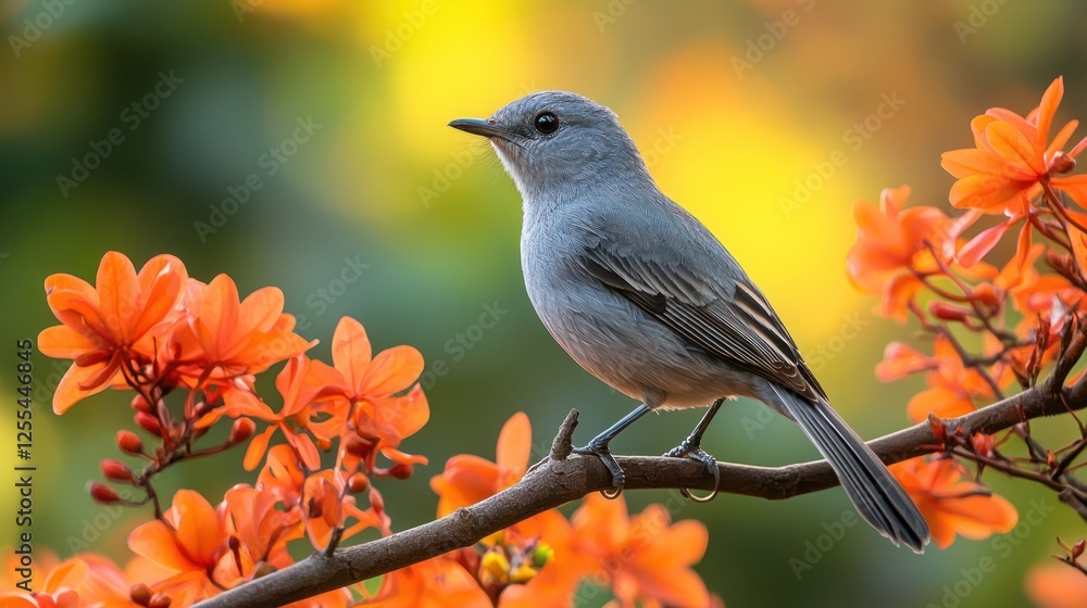 Obraz premium A Blue-gray Gnatcatcher perched in a branch full of light pink cherry blossoms as it glows in the soft evening sunlight with a smooth background., nature photography