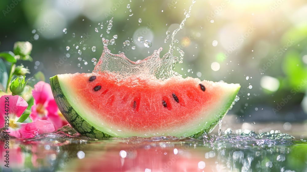 Water splashing on an watermelon slice with a blurred background of water drops and flowers. A fresh fruit concept for a healthy lifestyle, wellness Water splashing on an watermelon slice with a blurred background of water drops and flowers. A fresh fruit concept for a healthy lifestyle, wellness
