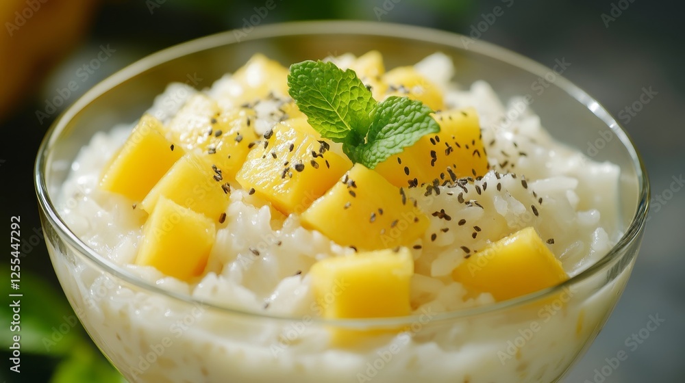 Creamy coconut rice with mango, pineapple, and mint in a clear glass bowl. Emphasizing tropical and sweet nature, ideal for dessert recipes and tropical cuisine content with a refreshing appeal. Creamy coconut rice with mango, pineapple, and mint in a clear glass bowl. Emphasizing tropical and sweet nature, ideal for dessert recipes and tropical cuisine content with a refreshing appeal.