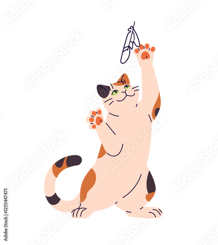 Funny cat plays with teaser. Happy kitten trying to catch feather with paw, jumps. Cute playful kitty has fun with pet toy, hunts. Amusing domestic animal. Flat isolated vector illustration on white