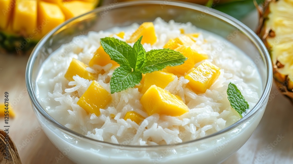 Creamy coconut rice with mango, pineapple, and mint in a clear glass bowl. Emphasizing tropical and sweet nature, ideal for dessert recipes and tropical cuisine content with a refreshing appeal. Creamy coconut rice with mango, pineapple, and mint in a clear glass bowl. Emphasizing tropical and sweet nature, ideal for dessert recipes and tropical cuisine content with a refreshing appeal.