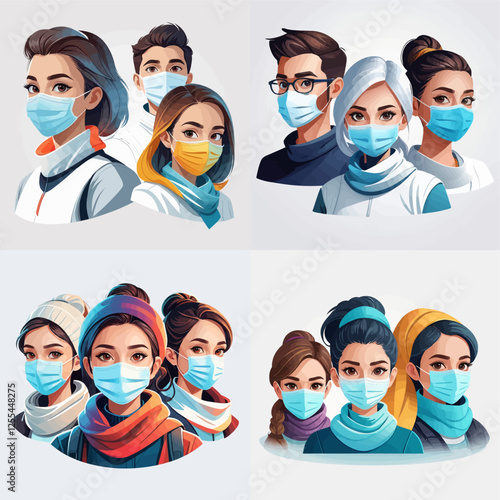 People wearing medical masks,3D vector illustration.	
