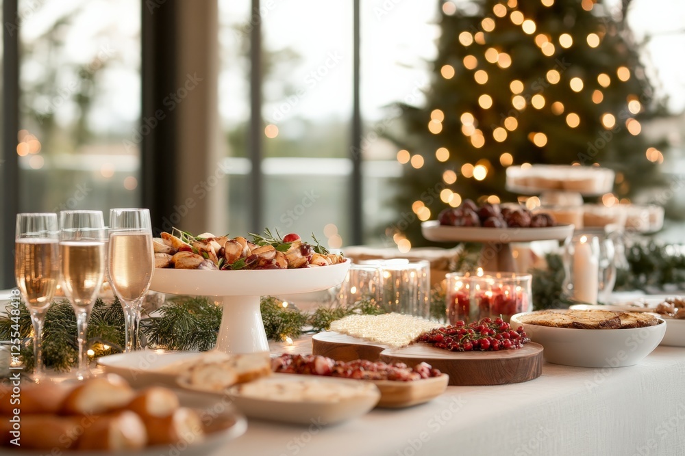 Holiday gathering with festive table spread featuring delicious dishes and sparkling drinks Holiday gathering with festive table spread featuring delicious dishes and sparkling drinks