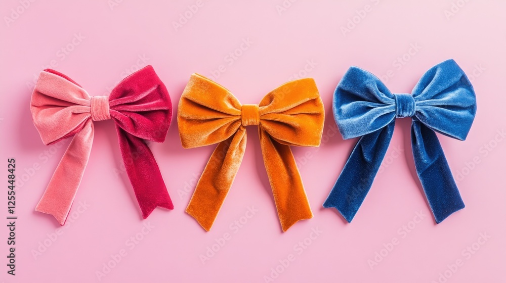 Velvet hair bows in complementary colors set against a pastel pink backdrop, perfect for a chic and feminine vibe Velvet hair bows in complementary colors set against a pastel pink backdrop, perfect for a chic and feminine vibe