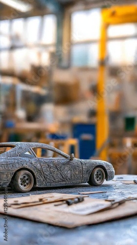 Detailed Metal Car Model Crafted from Nuts and Bolts in a Workshop photo