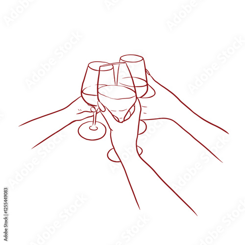 Hand drawn girls clinking glasses with wine champagne line art