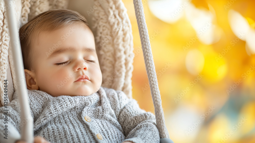 peaceful sleeping baby boy in cozy sweater, nestled in swing surrounded by warm autumn colors. serene atmosphere evokes sense of calm and comfort peaceful sleeping baby boy in cozy sweater, nestled in swing surrounded by warm autumn colors. serene atmosphere evokes sense of calm and comfort