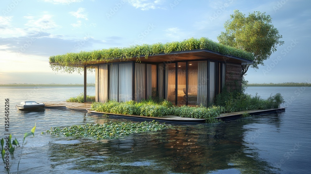 Fototapeta premium Eco-friendly lake house sunset; tranquil water, plants