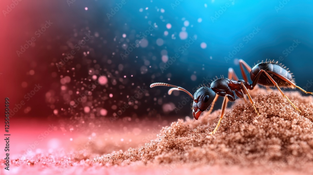 An ant traverses a sandy surface, framed against a blur of bright colors, symbolizing the journey of life and the beauty of the natural world in close focus. An ant traverses a sandy surface, framed against a blur of bright colors, symbolizing the journey of life and the beauty of the natural world in close focus.