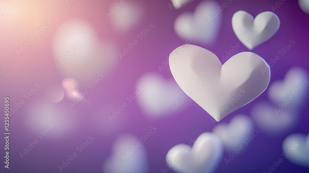 Whimsical white paper hearts floating in motion on a rich purple gradient background, dreamy and romantic with subtle light flares Whimsical white paper hearts floating in motion on a rich purple gradient background, dreamy and romantic with subtle light flares