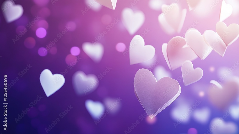 Whimsical white paper hearts floating in motion on a rich purple gradient background, dreamy and romantic with subtle light flares Whimsical white paper hearts floating in motion on a rich purple gradient background, dreamy and romantic with subtle light flares