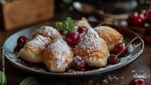 A Ukrainian varenyky plate, dumplings stuffed with cherries, dusted with powdered sugar photo