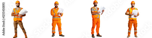 Professional Construction Worker with Helmet and Plans in Bright Safety Gear Outdoors